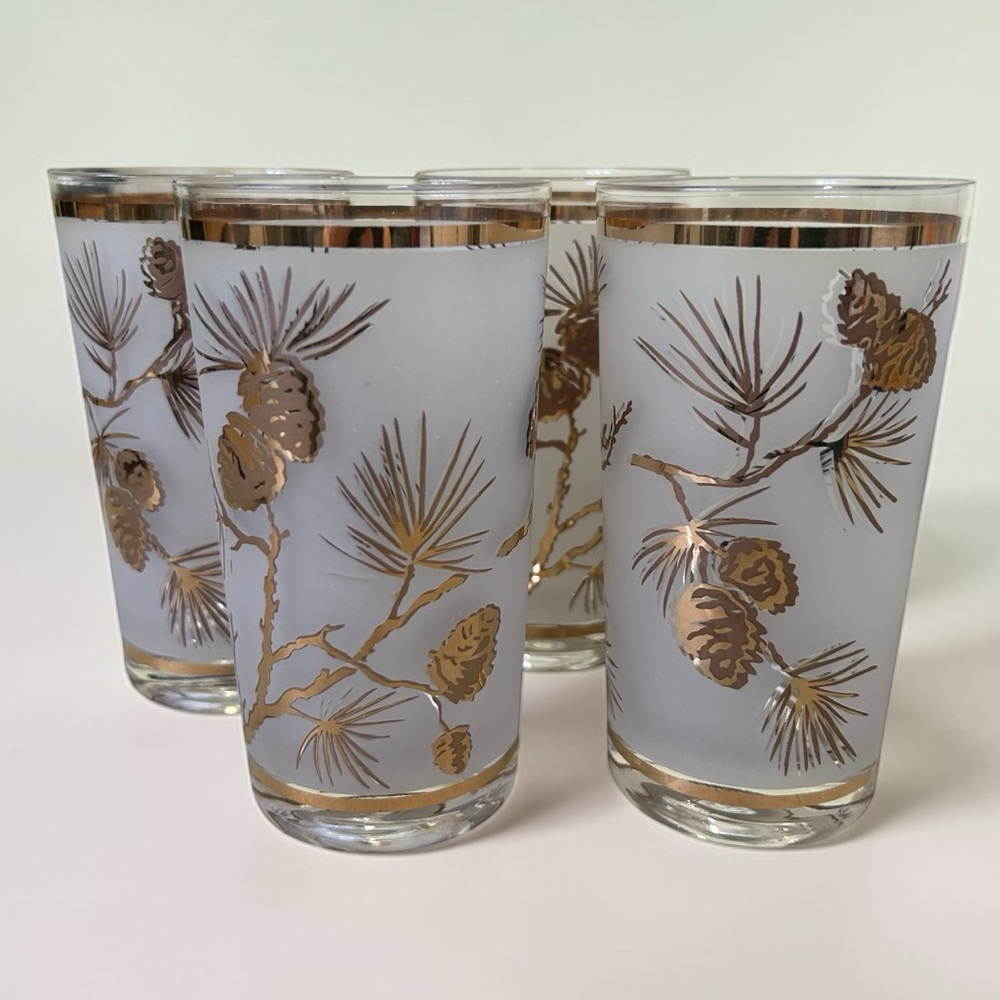 VTG Libbey Frosted Gold Pine Cone Highball Glasses - Set of 4